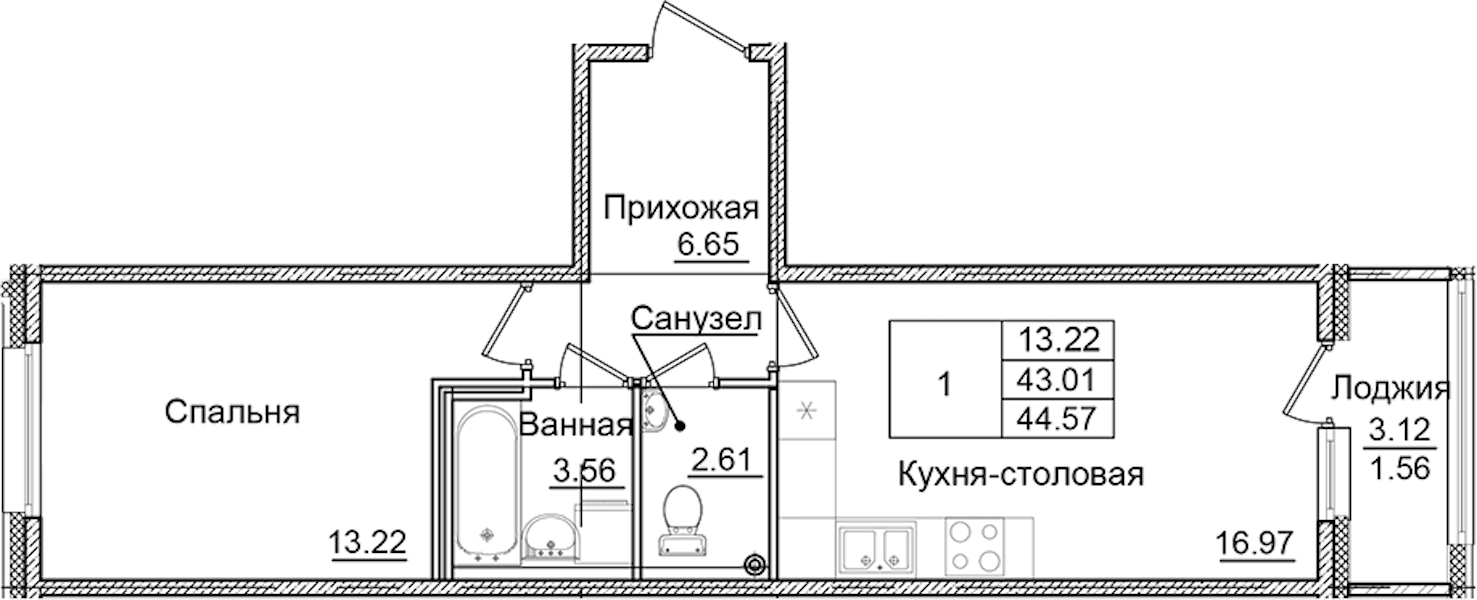 1-комнатная квартира 44.57 м², 2/9 эт., ЖК «Квартал Заречье»